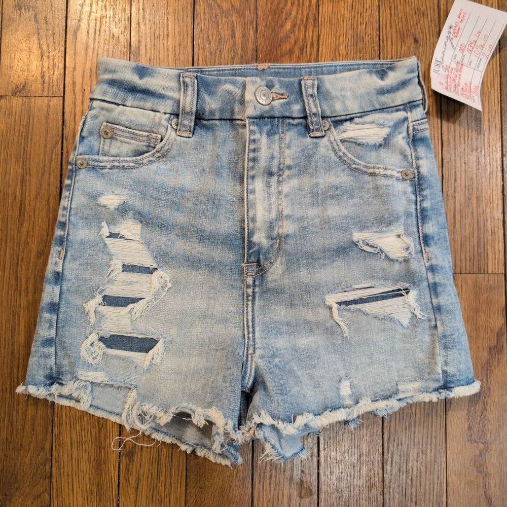 American Eagle AEO Curvy Hi-Rise Distressed Cut-off Shortie Lt Wash Denim Sz 000
